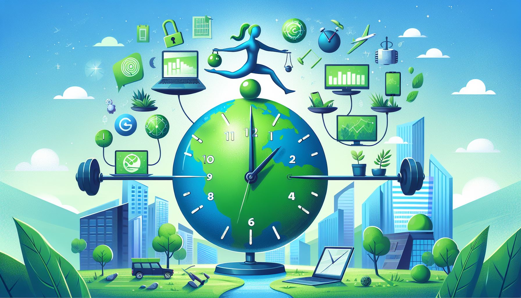 An illustration of a globe-shaped clock with technology and fitness icons, set against a cityscape and nature backdrop.