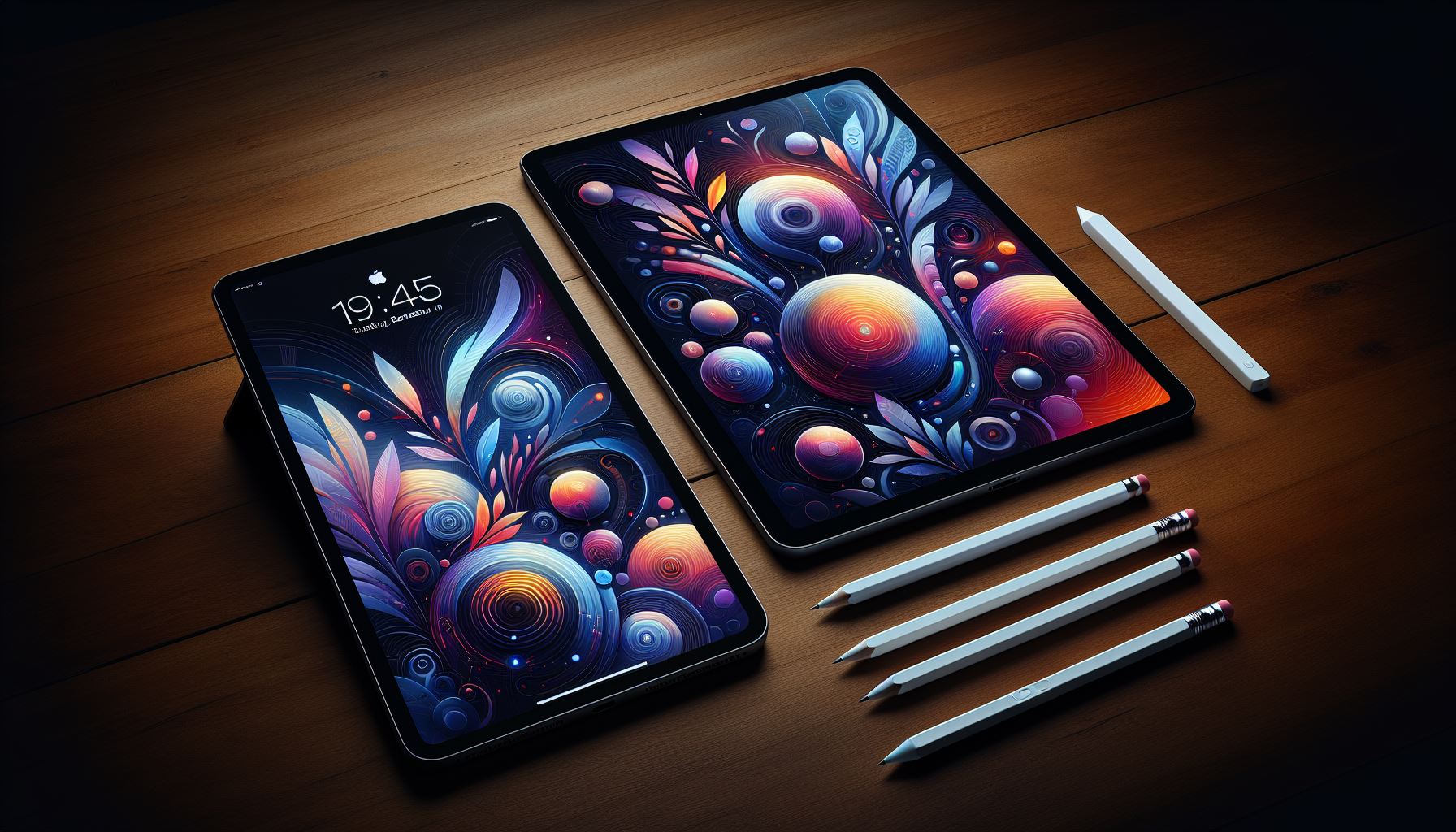 Two tablet devices displaying colorful abstract art, with stylus pens alongside on a wooden surface.