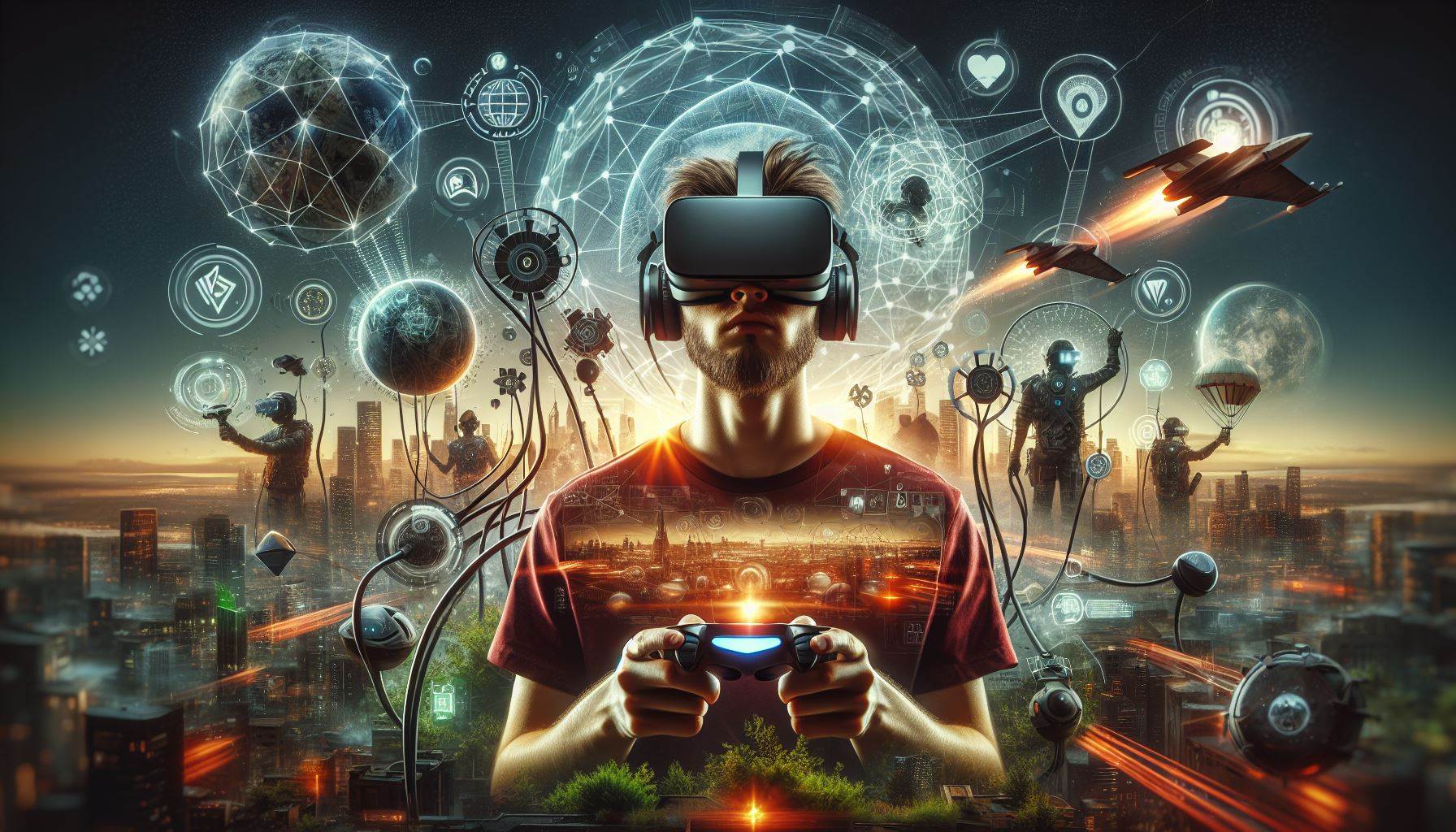 A person with a virtual reality headset playing with a game controller against a backdrop of futuristic elements.