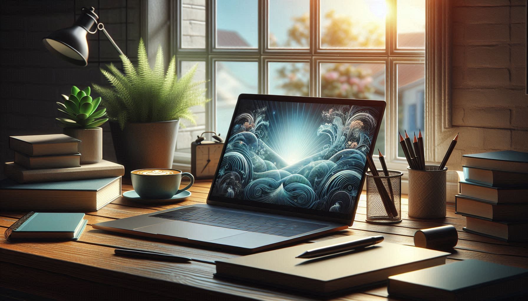 A cozy workspace with a laptop, books, coffee, pencils, and indoor plants near a window with sunlight.